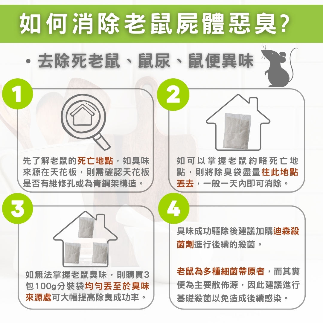 AS除臭包提供30g及100g包裝可適用不同的使用情況有效消除死老鼠屍臭味