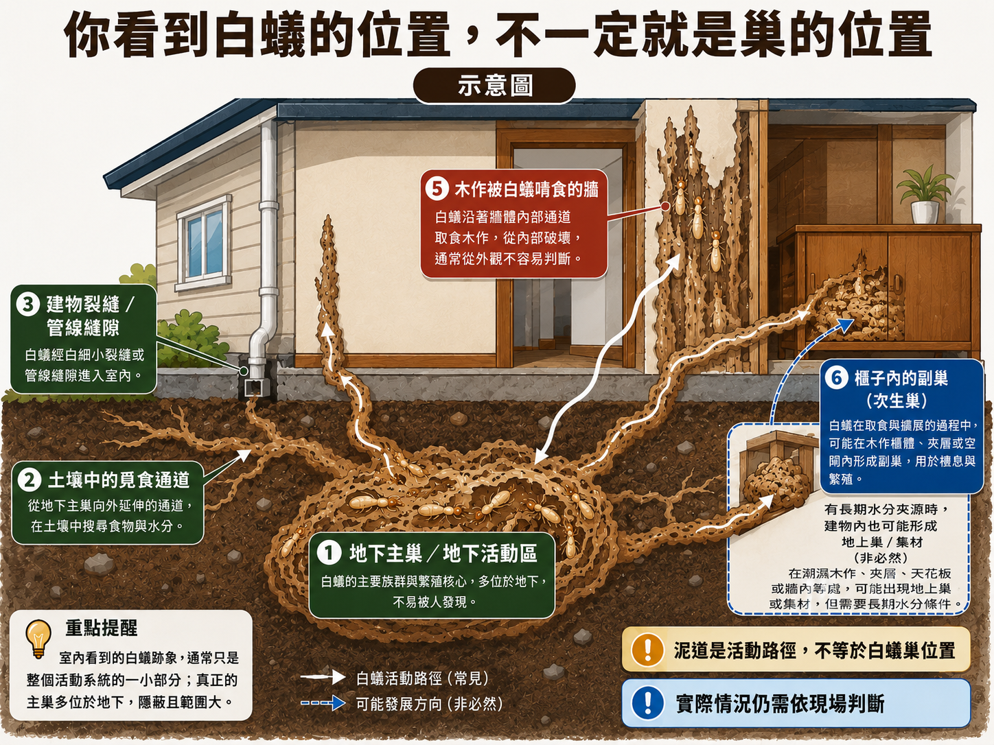 白蟻窩從地下活動區經土壤通道與建物縫隙進入室內的活動路徑示意圖