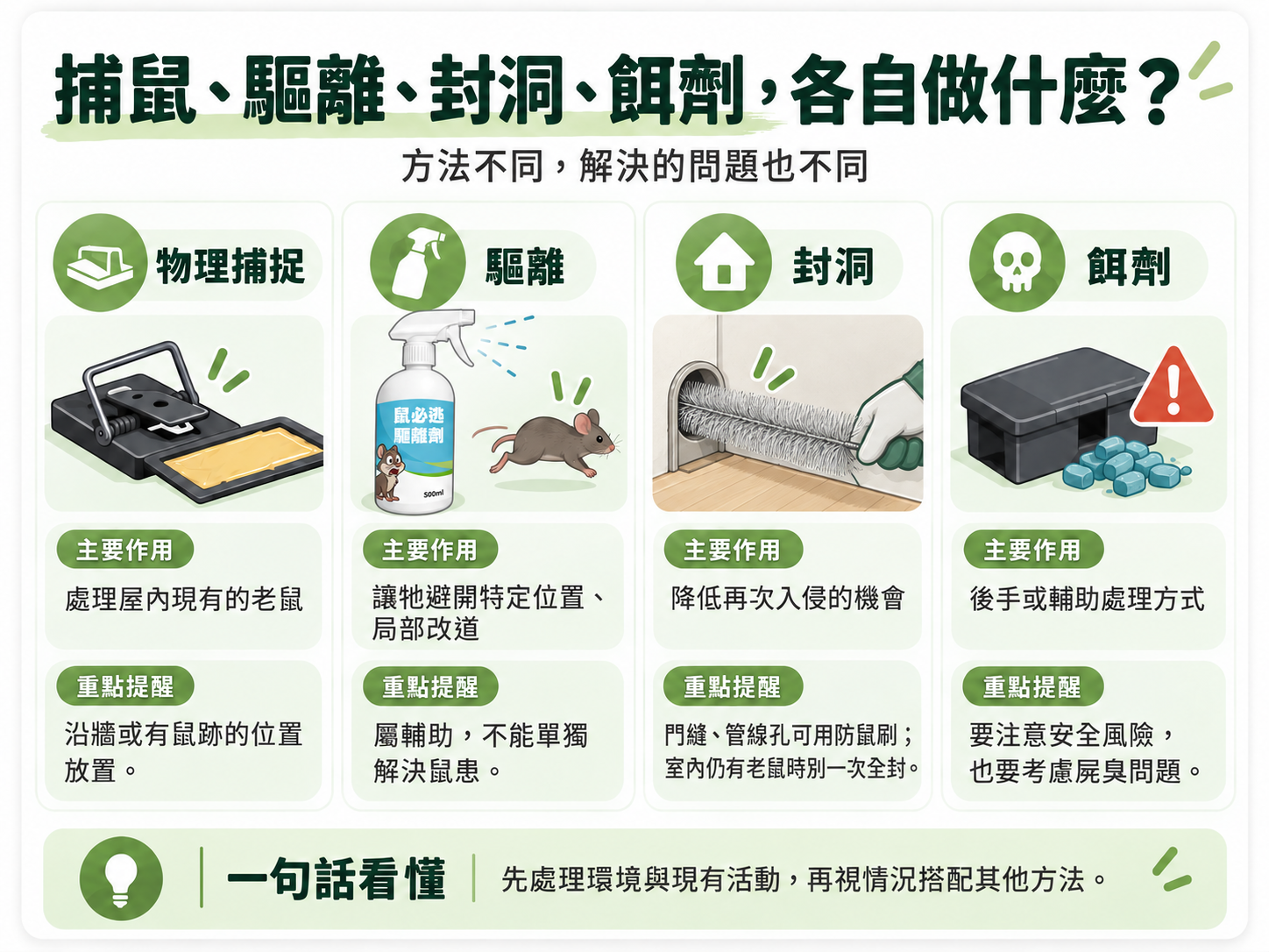 老鼠防治方法比較圖：物理捕捉處理屋內現有老鼠，驅離用鼠必逃作局部改道，封洞可使用防鼠刷降低再次入侵，餌劑作為後手並注意安全與屍臭風險
