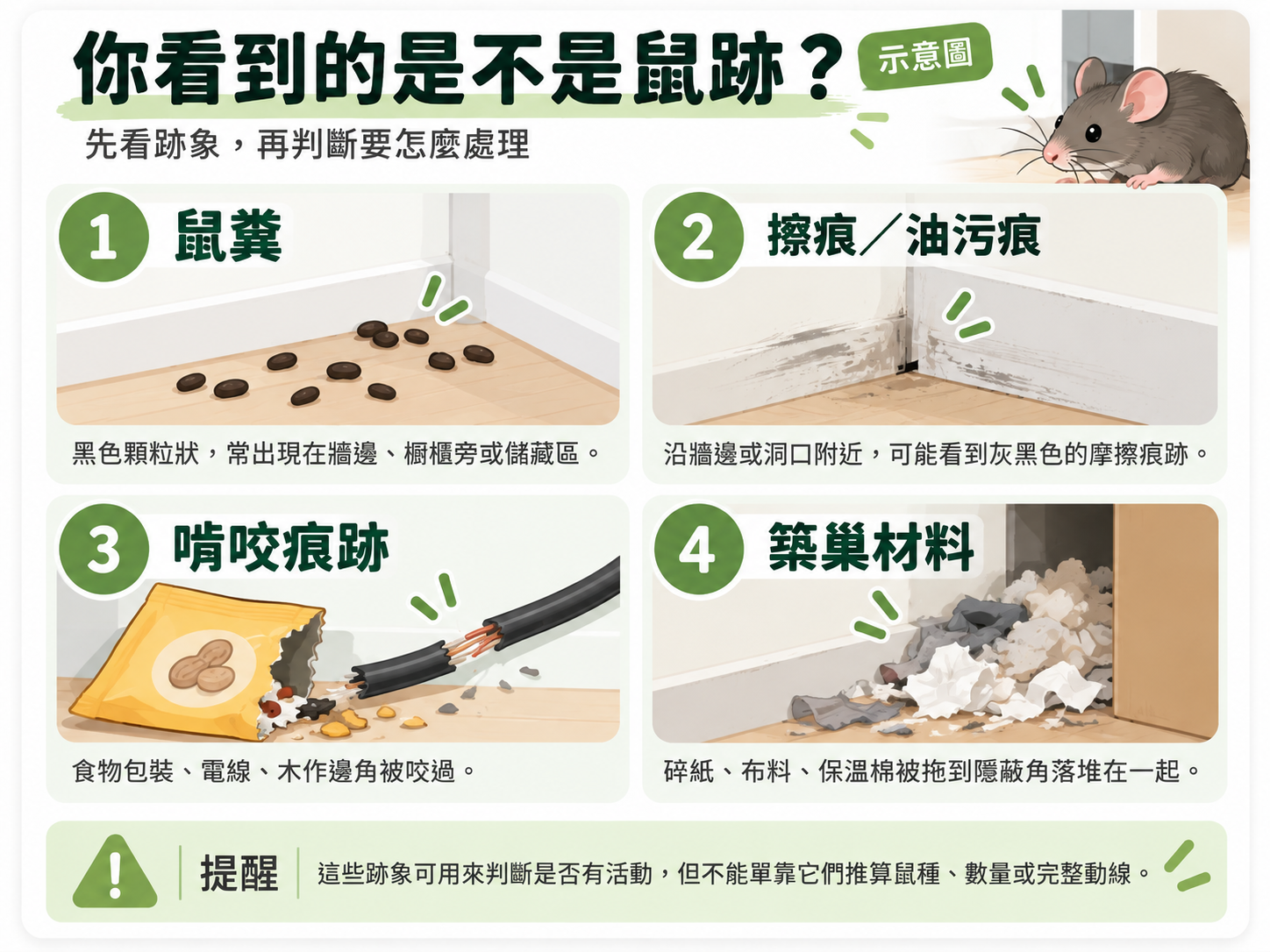 老鼠活動跡象示意圖：鼠糞、擦痕或油污痕、啃咬痕跡與築巢材料；這些跡象不能單獨用來推算鼠種、數量或完整動線
