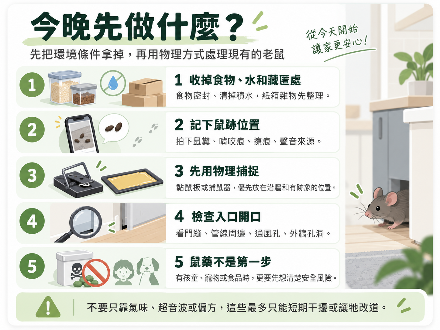 家裡有老鼠怎麼辦五步驟圖：收好食物與水源、記錄鼠跡、先用物理捕捉、檢查入口開口、鼠藥作為後手