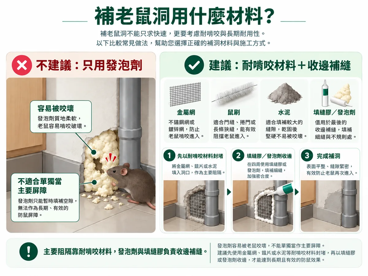 補老鼠洞材料比較圖：金屬網、鼠刷、水泥與填縫膠或發泡劑的用途，以及發泡劑不宜單獨作主要屏障