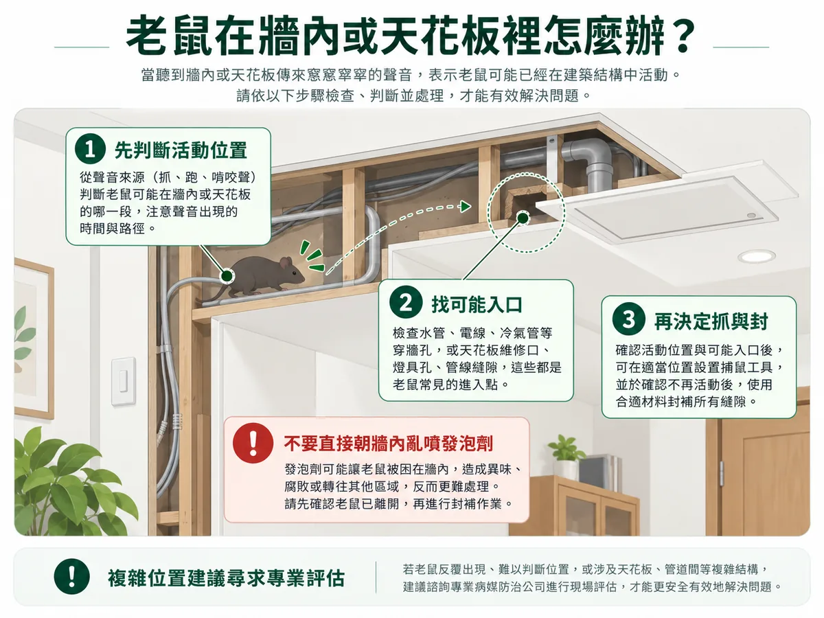 老鼠在牆內或天花板活動的處理圖解：先判斷活動位置、找可能入口，再決定捕捉與封堵方式