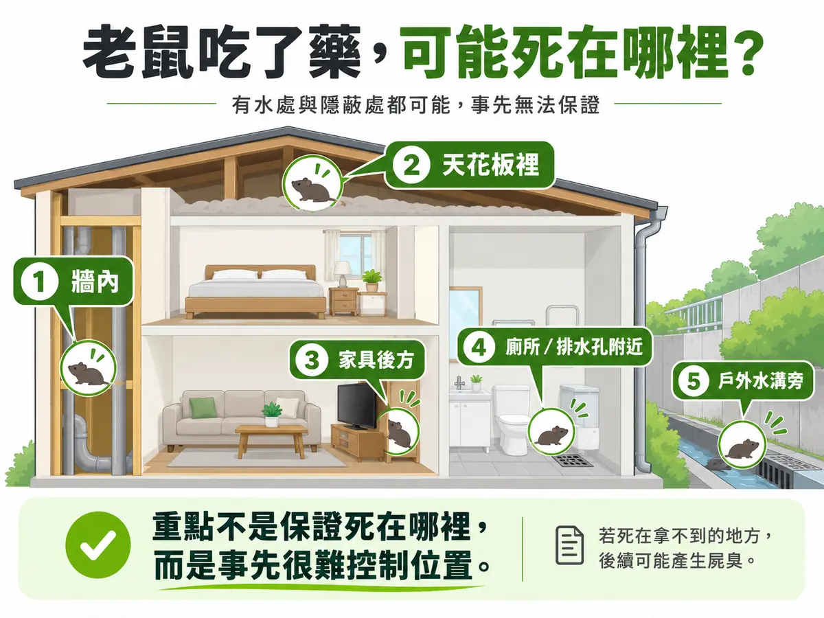 老鼠吃藥後可能死在牆內、天花板、家具後、排水孔附近或戶外水溝